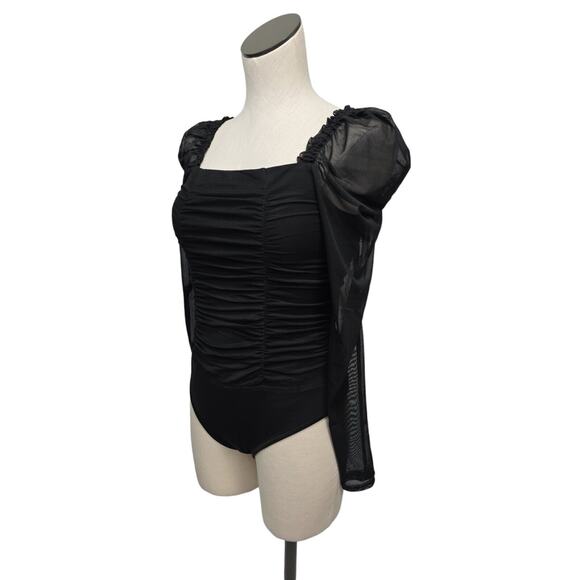 NWT Bebe Black Ruched Long Puff Sleeve Sheer Mesh Bodysuit Womens Size Small - Picture 8 of 13